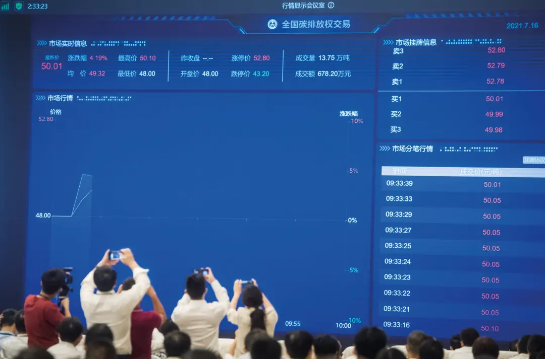 2021年7月16日，全國(guó)碳排放權(quán)交易市場(chǎng)上線交易啟動(dòng)儀式以視頻連線形式舉行，在北京設(shè)主會(huì)場(chǎng)，在上海和湖北設(shè)分會(huì)場(chǎng)。圖/新華